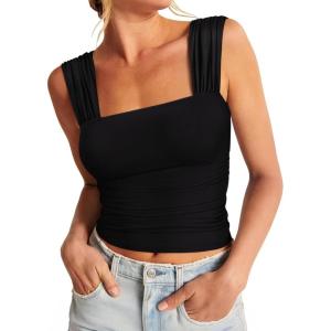 imageREORIA Womens Sexy Square Neck Double Lined Mesh Sheer Ruched Crop Going Out Tops Y2k Trendy Cute Tank Top Summer OutfitsBlack