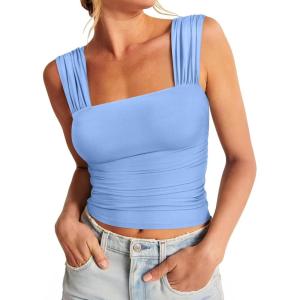 imageREORIA Womens Sexy Square Neck Double Lined Mesh Sheer Ruched Crop Going Out Tops Y2k Trendy Cute Tank Top Summer OutfitsBlue