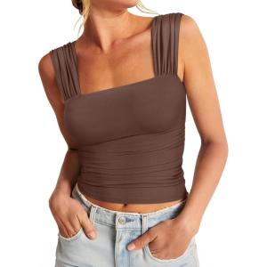 imageREORIA Womens Sexy Square Neck Double Lined Mesh Sheer Ruched Crop Going Out Tops Y2k Trendy Cute Tank Top Summer OutfitsCoffee