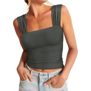 imageREORIA Womens Sexy Square Neck Double Lined Mesh Sheer Ruched Crop Going Out Tops Y2k Trendy Cute Tank Top Summer OutfitsGrey Green