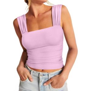 imageREORIA Womens Sexy Square Neck Double Lined Mesh Sheer Ruched Crop Going Out Tops Y2k Trendy Cute Tank Top Summer OutfitsPink