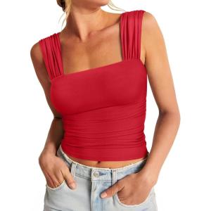 imageREORIA Womens Sexy Square Neck Double Lined Mesh Sheer Ruched Crop Going Out Tops Y2k Trendy Cute Tank Top Summer OutfitsRed