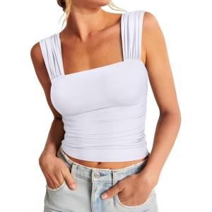 imageREORIA Womens Sexy Square Neck Double Lined Mesh Sheer Ruched Crop Going Out Tops Y2k Trendy Cute Tank Top Summer OutfitsWhite
