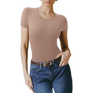 imageREORIA Womens Short Sleeve Round Neck Body Suits Fashion Tshirt Tops Bodysuits for womenAlmondine
