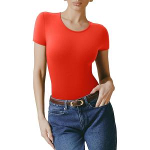 imageREORIA Womens Short Sleeve Round Neck Body Suits Fashion Tshirt Tops Bodysuits for womenCherry Tomato