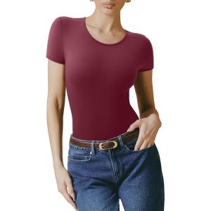 imageREORIA Womens Short Sleeve Round Neck Body Suits Fashion Tshirt Tops Bodysuits for womenCordovan