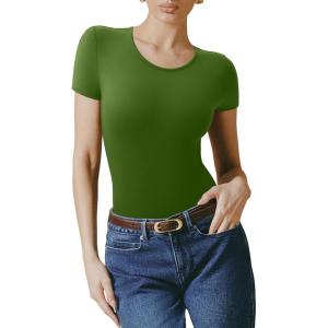 imageREORIA Womens Short Sleeve Round Neck Body Suits Fashion Tshirt Tops Bodysuits for womenGarden Green