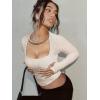 imageREORIA Womens Sexy Mesh Long Sleeve Slim Tops Square Neck Thumb Hole Curved Hem Solid Going Out TopApricot