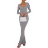 imageREORIA Womens Sexy Scoop Neck Long Sleeve Lounge Long Dress Ribbed Bodycon Maxi DressesLight Grey