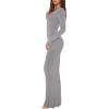 imageREORIA Womens Sexy Scoop Neck Long Sleeve Lounge Long Dress Ribbed Bodycon Maxi DressesLight Grey