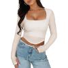 imageREORIA Womens Sexy Mesh Long Sleeve Slim Tops Square Neck Thumb Hole Curved Hem Solid Going Out TopApricot