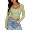 imageREORIA Womens Sexy Mesh Long Sleeve Slim Tops Square Neck Thumb Hole Curved Hem Solid Going Out TopTender Green