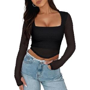 imageREORIA Womens Sexy Mesh Long Sleeve Slim Tops Square Neck Thumb Hole Curved Hem Solid Going Out TopBlack