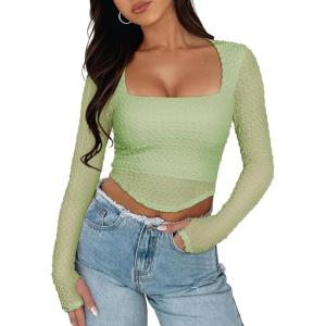 imageREORIA Womens Sexy Mesh Long Sleeve Slim Tops Square Neck Thumb Hole Curved Hem Solid Going Out TopTender Green