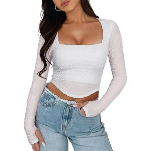 imageREORIA Womens Sexy Mesh Long Sleeve Slim Tops Square Neck Thumb Hole Curved Hem Solid Going Out TopWhite