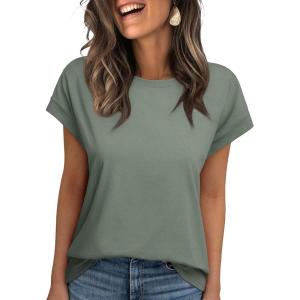 imageREORIA Womens Cap Sleeve Crew Neck Lose T Shirt Business Casual Dressy Basic Tops for Summer 2025Grey Green