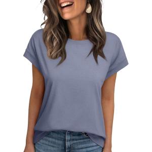 imageREORIA Womens Cap Sleeve Crew Neck Lose T Shirt Business Casual Dressy Basic Tops for Summer 2025Light Blue