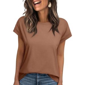 imageREORIA Womens Cap Sleeve Crew Neck Lose T Shirt Business Casual Dressy Basic Tops for Summer 2025Light Brown