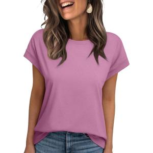 imageREORIA Womens Cap Sleeve Crew Neck Lose T Shirt Business Casual Dressy Basic Tops for Summer 2025Light Pink