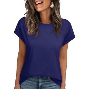imageREORIA Womens Cap Sleeve Crew Neck Lose T Shirt Business Casual Dressy Basic Tops for Summer 2025Navy Blue