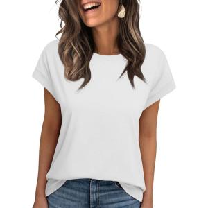 imageREORIA Womens Cap Sleeve Crew Neck Lose T Shirt Business Casual Dressy Basic Tops for Summer 2025White