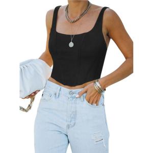 imageREORIA Womens Summer Sexy Square Neck Sleeveless Trendy Bustier Corset Crop Tank TopsBlack