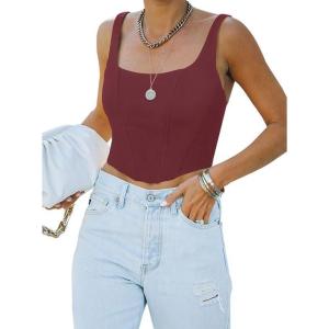 imageREORIA Womens Summer Sexy Square Neck Sleeveless Trendy Bustier Corset Crop Tank TopsBurgundy