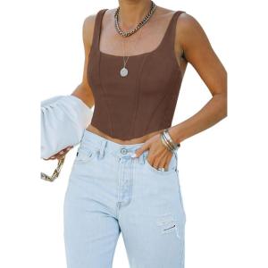 imageREORIA Womens Summer Sexy Square Neck Sleeveless Trendy Bustier Corset Crop Tank TopsCoffee