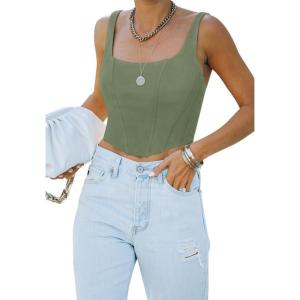 imageREORIA Womens Summer Sexy Square Neck Sleeveless Trendy Bustier Corset Crop Tank TopsDark Green