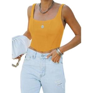 imageREORIA Womens Summer Sexy Square Neck Sleeveless Trendy Bustier Corset Crop Tank TopsGolden