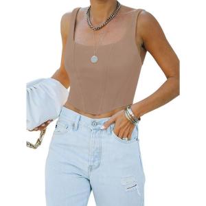 imageREORIA Womens Summer Sexy Square Neck Sleeveless Trendy Bustier Corset Crop Tank TopsKhaki