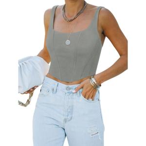 imageREORIA Womens Summer Sexy Square Neck Sleeveless Trendy Bustier Corset Crop Tank TopsLinght Grey