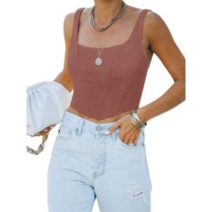 imageREORIA Womens Summer Sexy Square Neck Sleeveless Trendy Bustier Corset Crop Tank TopsMasala