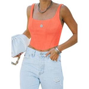 imageREORIA Womens Summer Sexy Square Neck Sleeveless Trendy Bustier Corset Crop Tank TopsNeon Pink