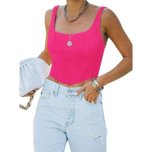 imageREORIA Womens Summer Sexy Square Neck Sleeveless Trendy Bustier Corset Crop Tank TopsNeon Rose Red