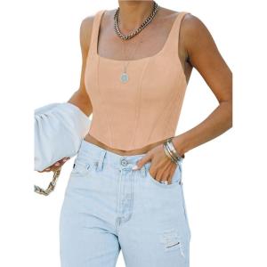 imageREORIA Womens Summer Sexy Square Neck Sleeveless Trendy Bustier Corset Crop Tank TopsNude