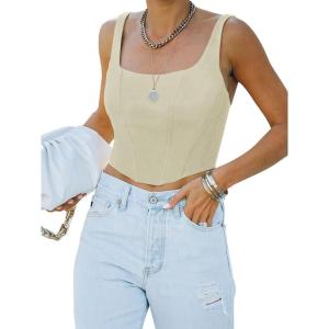 imageREORIA Womens Summer Sexy Square Neck Sleeveless Trendy Bustier Corset Crop Tank TopsOffwhite