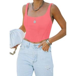 imageREORIA Womens Summer Sexy Square Neck Sleeveless Trendy Bustier Corset Crop Tank TopsPeach Pink
