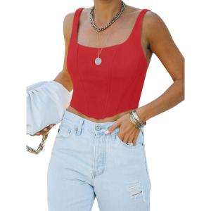 imageREORIA Womens Summer Sexy Square Neck Sleeveless Trendy Bustier Corset Crop Tank TopsRed