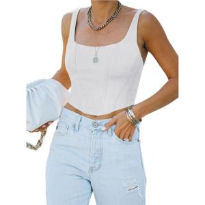 imageREORIA Womens Summer Sexy Square Neck Sleeveless Trendy Bustier Corset Crop Tank TopsWhite