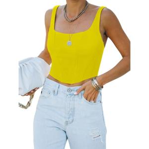 imageREORIA Womens Summer Sexy Square Neck Sleeveless Trendy Bustier Corset Crop Tank TopsYellow