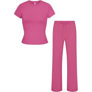 imageREORIA Womens 2 Piece Lounge Sets Short Sleeve Basic Tops Straight Leg Pants Comfy Casual Outfits TracksuitsRose