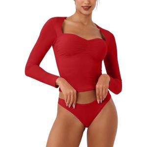 imageREORIA Womens Long Sleeve Inverted Trapezoid Neck Top Sexy Elegant Tops 2025 FallWinter Designer CollectionRed