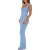 imageREORIA Womens Trendy Sexy Square V Neck Cap Sleeve Elegant Lounge Long Dress Ribbed Bodycon Maxi DressesBlue