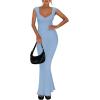 imageREORIA Womens Trendy Sexy Square V Neck Cap Sleeve Elegant Lounge Long Dress Ribbed Bodycon Maxi DressesBlue