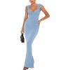 imageREORIA Womens Trendy Sexy Square V Neck Cap Sleeve Elegant Lounge Long Dress Ribbed Bodycon Maxi DressesBlue
