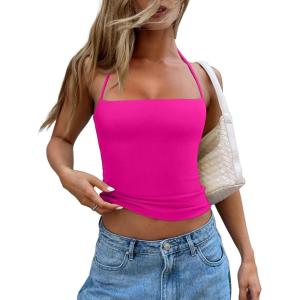 imageREORIA Womens Square Neck Halter Tank Tops Backless Crop Tops Sleeveless Double Lined Tops Y2K Going Out OutfitsNeon Rose Red