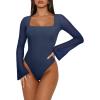 imageREORIA Womens Sexy Long Sleeve Square Neck Bodysuit Mesh Double Lined Going Out Tops 2025Dark Denim