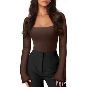 imageREORIA Womens Sexy Long Sleeve Square Neck Bodysuit Mesh Double Lined Going Out Tops 2025Chocolate