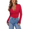 imageREORIA Womens Lace V Neck Long Sleeve Bodysuits Trendy Going Out Body Suit Tops Fall Outfits 2025Red